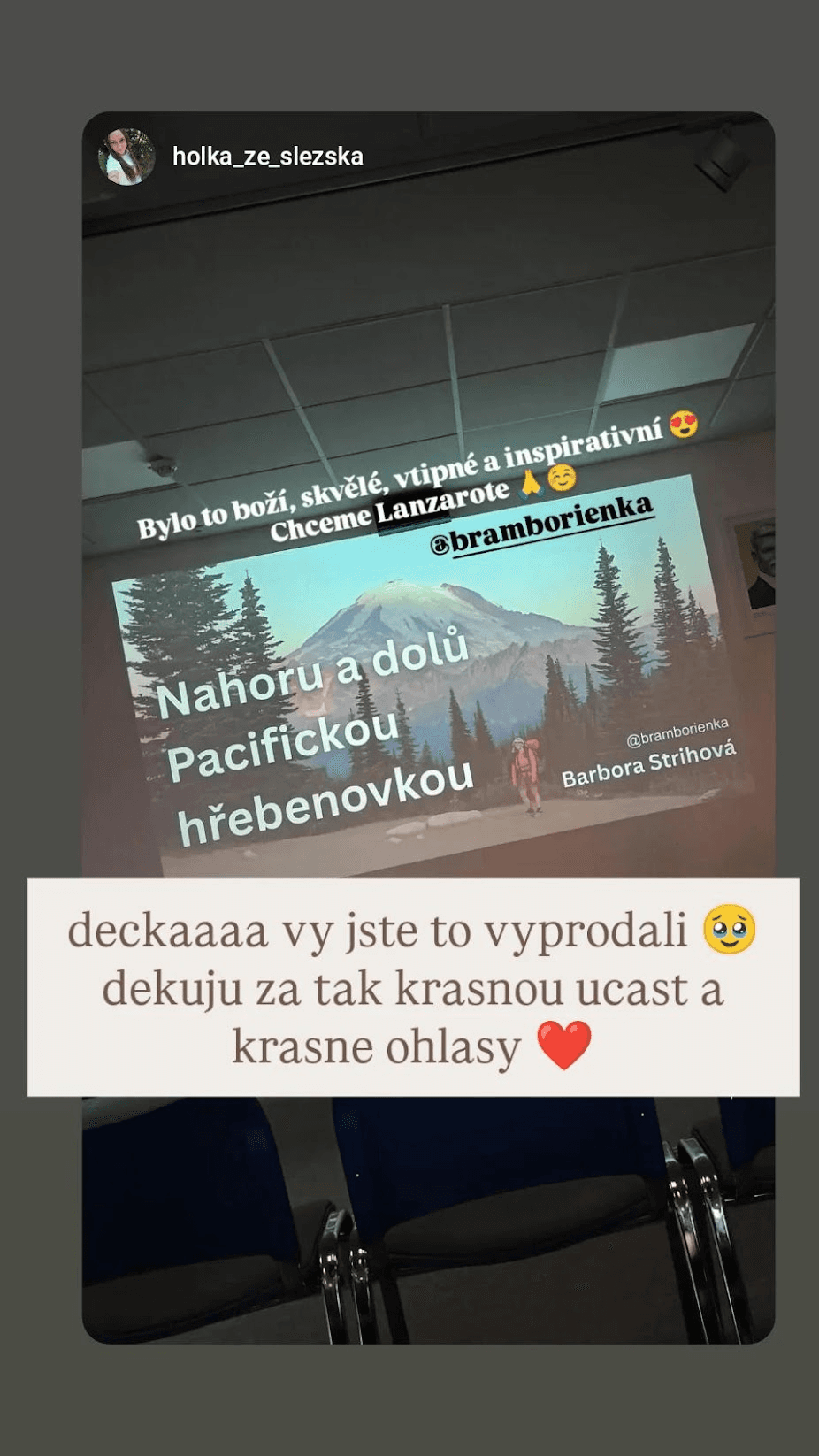 Instagram story od holka_ze_slezska: Bylo to boží, skvělé, vtipné a inspirativní